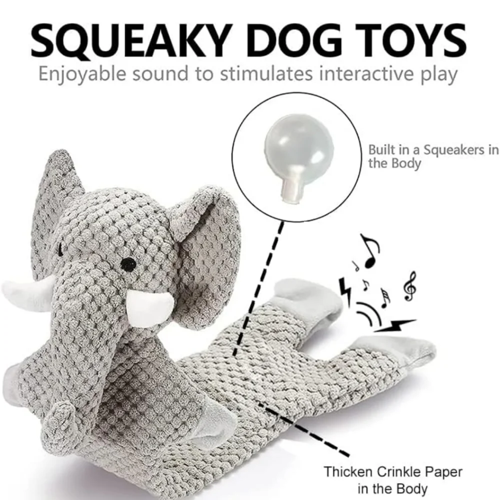 Gray Plush Elephant Squeaky Dog Toy Crinkle Paper Unstuffed Flat Pet Toy 12in